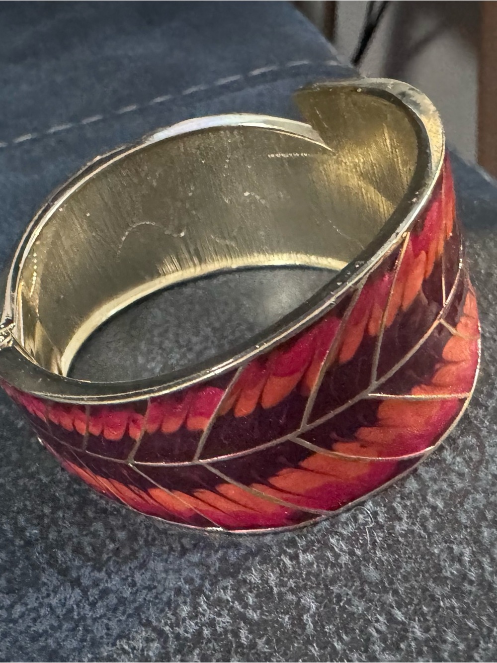 Gold-Tone Pink Leaf Enamel Cuff Bracelet